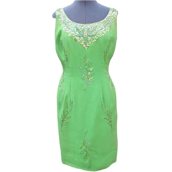 Vintage 60s apple green silk chiffon dress with b… - image 1