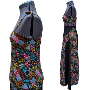 Vintage 70s black, pink, blue and yellow skirt and top dress set, 70s maxi skirt set image 5