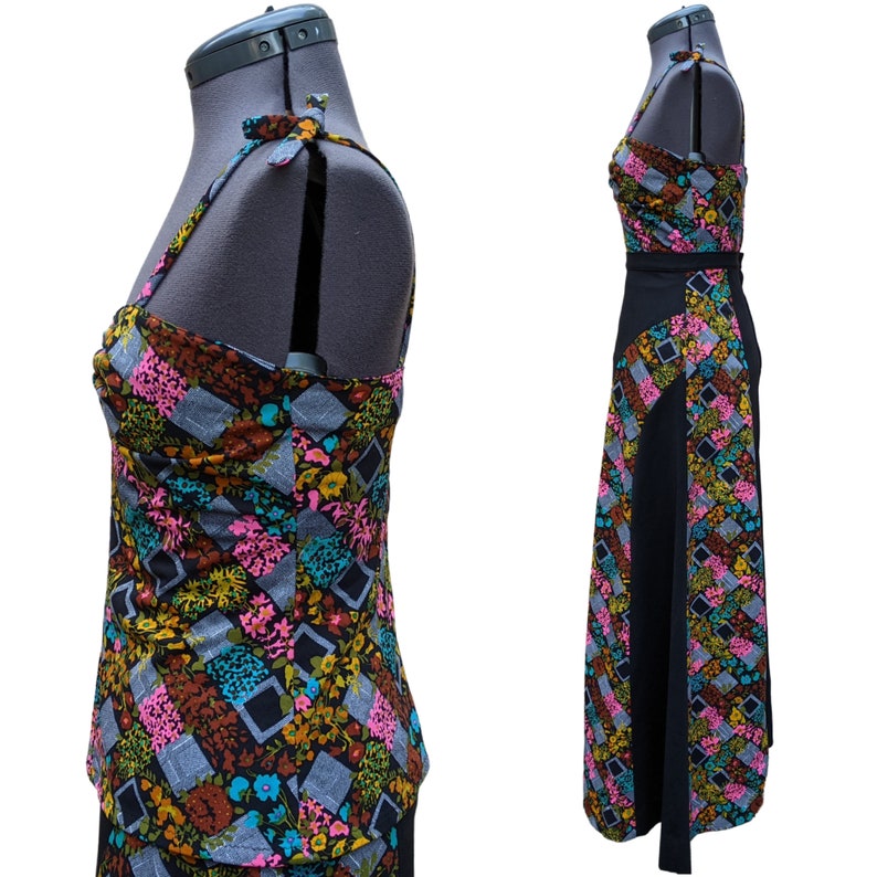 Vintage 70s black, pink, blue and yellow skirt and top dress set, 70s maxi skirt set image 5