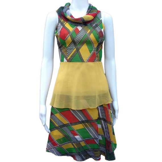 Vintage yellow, green and red silk chiffon dress