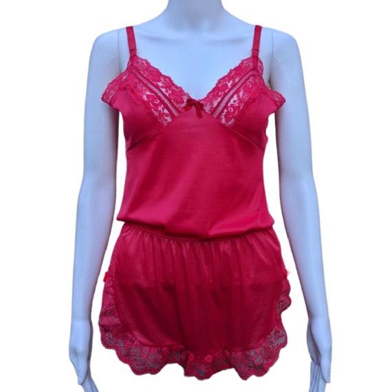 Vintage 80s Red Camisole Tank and Tap Pants Lingerie Set 