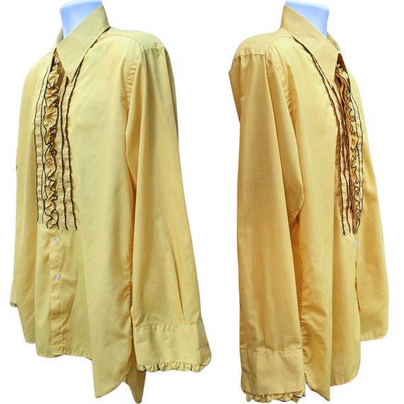 Vintage 70s ocher yellow ruffled tuxedo shirt wit… - image 4