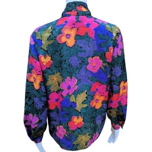 Vintage 70s or 80s floral green, yellow, pink and purple pussy bow blouse image 8