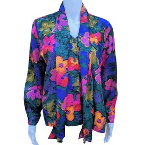 Vintage 70s or 80s floral green, yellow, pink and purple pussy bow blouse image 3