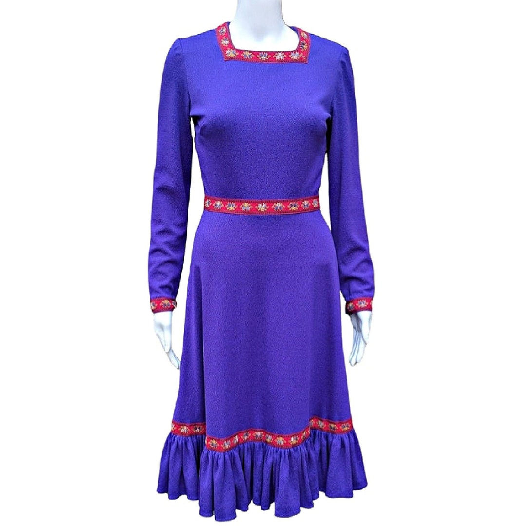 Vintage 1970s Cherry Red Polyester Dress With Blue and Yellow