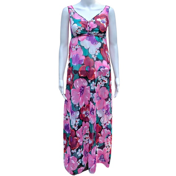 Vintage pink, green and red floral sheer maxidress - image 1