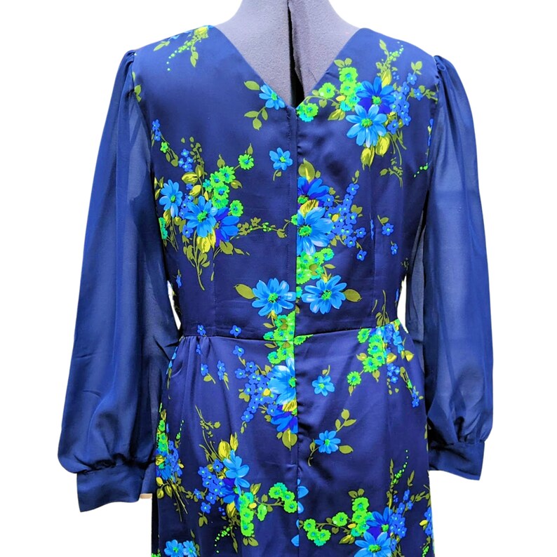 Vintage 1970s Navy Blue Maxi Dress With Bright Green and Cerulean Blue ...