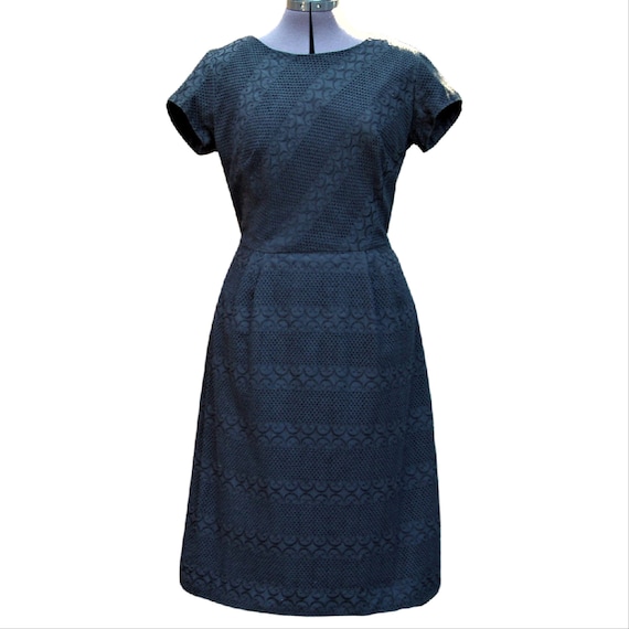 Vintage 1950's black cotton eyelet wiggle dress