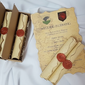Game of Thrones, Vintage Schriftrolle Einladung, handgemacht mit Wachssiegel Stempel, 50-60 Stück