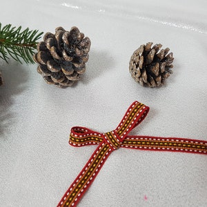 May include: A red, yellow, and white ribbon tied in a bow. The ribbon is on a white surface with two gold pine cones.