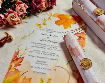 Autumn Leaves Wedding Scroll Invitation with Wax Seal Stamp, 10-20 Pieces