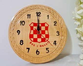 Wooden Croatian Clock with the Old Grb, Handcrafted, 27cm