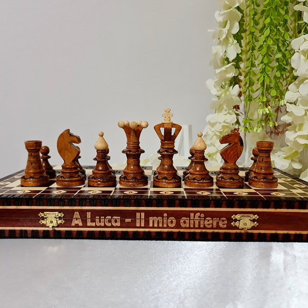 Gepersonaliseerde houten schaakset, met de hand gesneden, 3 maten