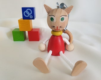 Cat, Kitten, Wooden Doll on Coil, Handmade