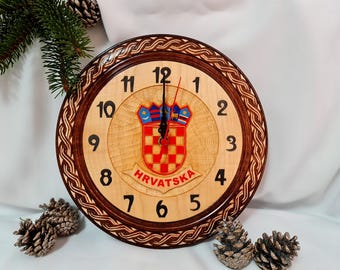 Croatian Wooden Clock, New Grb, Handcrafted, 27cm