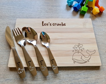 Cubiertos personalizados para bebé con tabla para migas, regalo para recién nacido