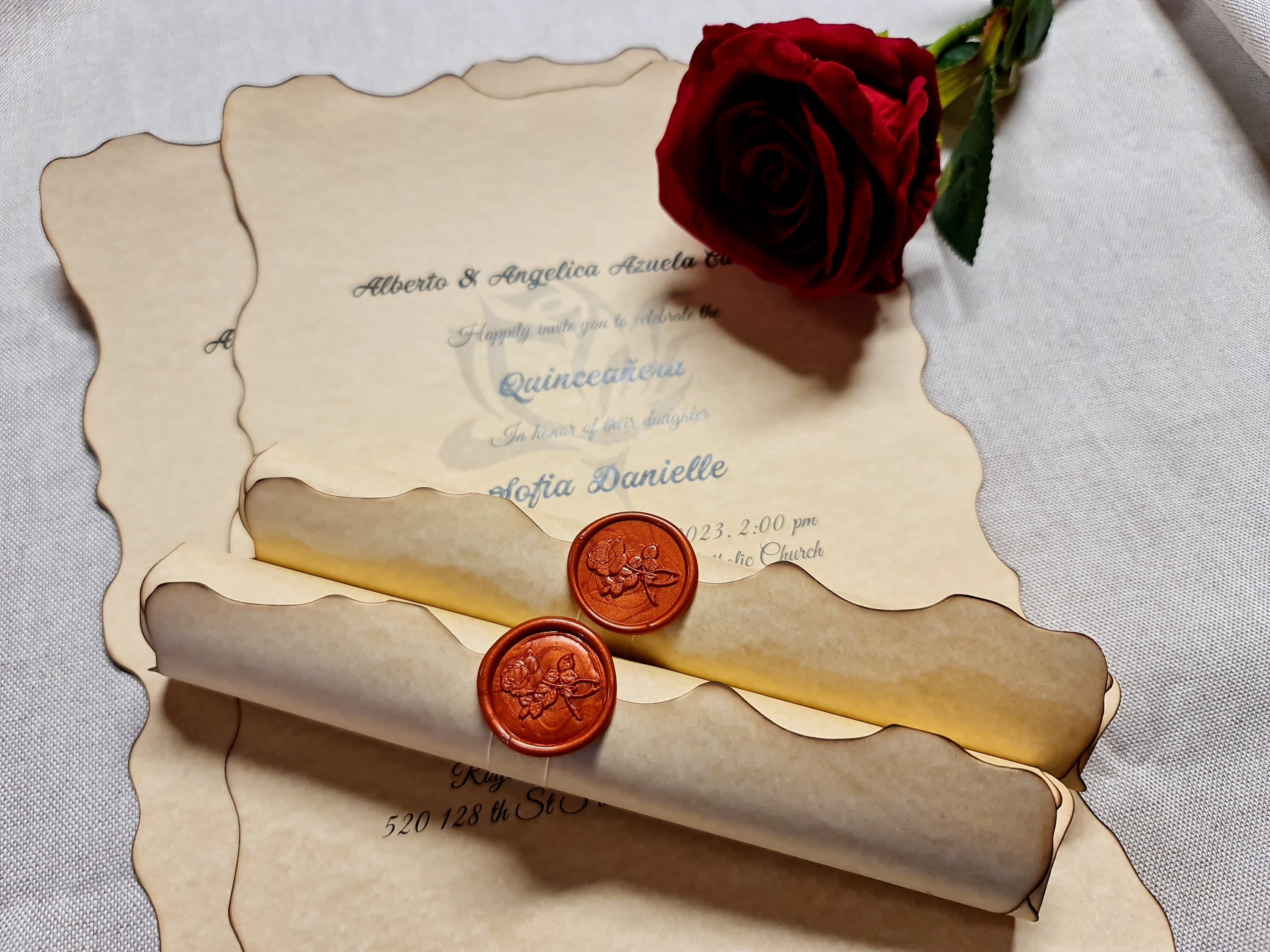 Quinceañera Scroll Invitation Handmade With Wax Seal Stamp