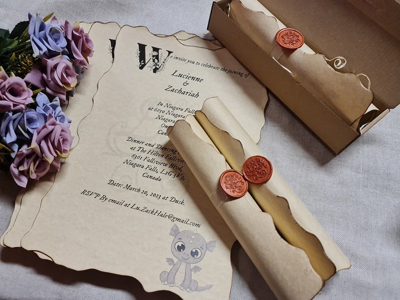 SAMPLE Vintage Wedding Scroll Invitation Handmade with Wax Seal Stamp, Sample Piece image 2