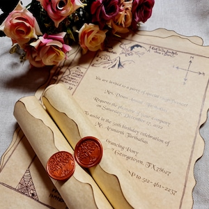 May include: A parchment scroll invitation with a wax seal, featuring a map and text that reads: "You are invited to a party of special magnificence! Mrs. Desan Amsel Farthafias Requests the pleasure of your company on Saturday, December 17, 2022 To assist in the 50th birthday celebration of Mr. Aranarth Farthalias Drancing Pony Georgetown, TX 78627 NP 10 512-461-2237"