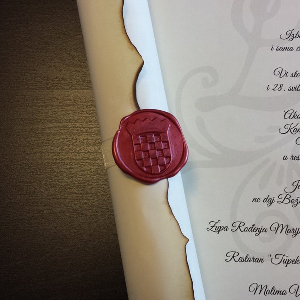 Croatian Grb, Vintage Scroll Invitation Handmade with Croatian Grb Wax Seal Stamp, 10 Pieces