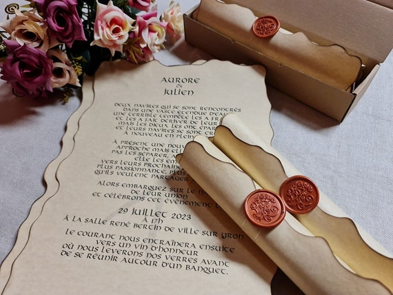 Vintage Wedding Scroll Invitation Handmade With Wax Seal Stamp, 10