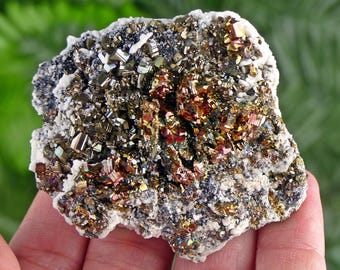 Iridescent Pyrite with White Calcite, Raw Crystal, Natural Mineral, Healing Crystal, Spirituality Crystal, Mineral Specimen S216