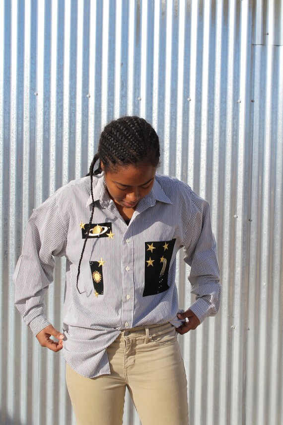 Unique Retro Striped Oxford Shirt, Outer Space Emb