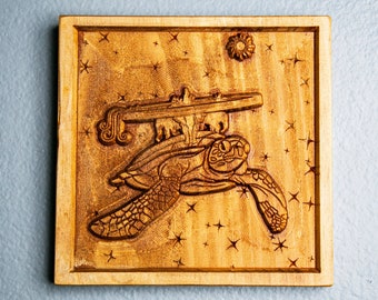 Letrero de madera tallada de la Tortuga del Mundo