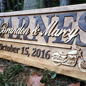 Harley Davidson Gifts for Men Personalized Motorcycle Gifts for Biker Wedding Sign Custom Couples Gifts for Dad Wood Wall Art Last Name Sign image 1