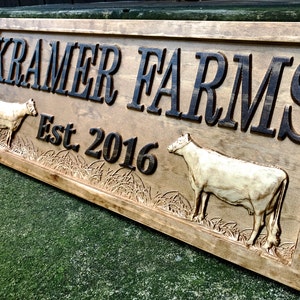 Personalized Farmhouse Sign Wood Wedding Gift Wooden Farmhouse Decor Wall Family Name Sign Couple Established Cow Custom Carved Farm Sign image 1