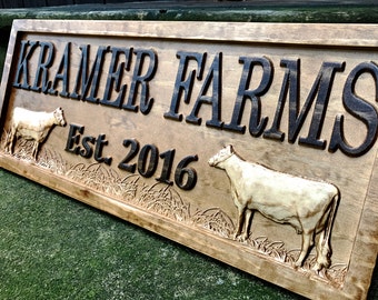 Personalized Farmhouse Sign Wood Wedding Gift Wooden Farmhouse Decor Wall Family Name Sign Couple Established Cow Custom Carved Farm Sign