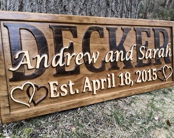 Personalized Wedding Gift Family Name Signs Carved Custom Wooden Sign Last Name Established Anniversary Personalized Sign Gifts Couple Wood