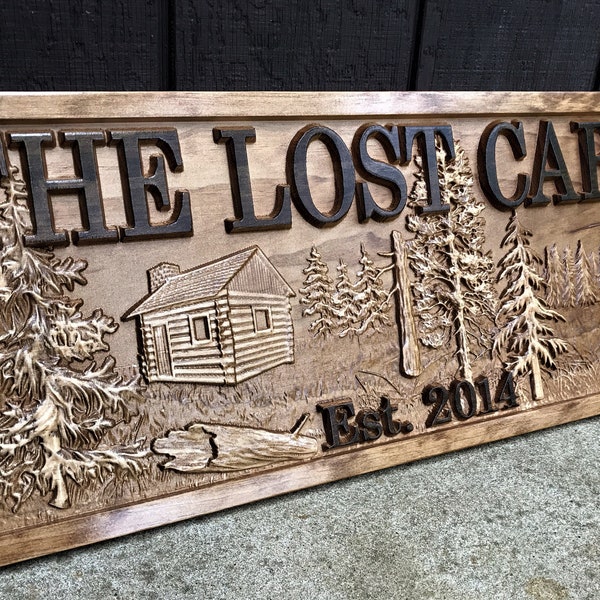 Custom Cabin Decor Rustic Cabin Sign Personalized Lake House Decor Wood Cottage Sign Established Hunting Gifts Log Cabin Decor Carved Trees