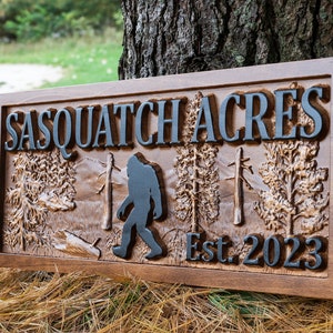 Personalized Sasquatch Wood Sign, Custom Carved Cabin Gift Man Cave Family Last Name Established Lake House Décor Bigfoot Yeti Mountain Sign