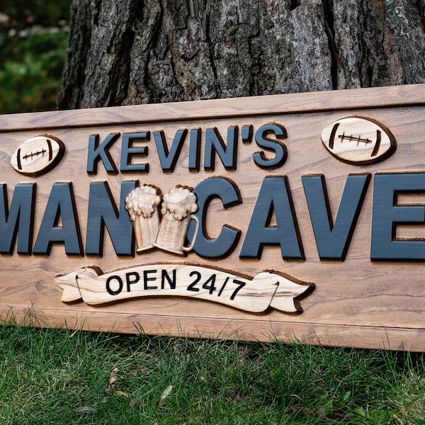 Signe personnalisé de l'homme des cavernes | Décoration Football Man Cave Pub Bar | Panneau en bois personnalisé Panneau en bois personnalisé pour cabine, décoration d'intérieur rustique, bar de sous-sol