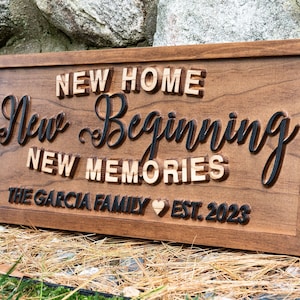 Personalized New Home New Beginning New Memories sign New Home Wood Sign Realtor Gift Housewarming Gift, Custom Established Home Sign image 1