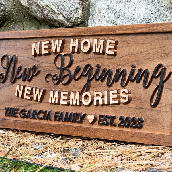 Personalized New Home New Beginning New Memories sign | New Home Wood Sign | Realtor Gift | Housewarming Gift, Custom Established Home Sign
