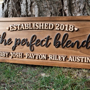 The Perfect Blend Family Name Sign Carved Wood Personalized Blended Family Name Sign, Wedding Gift For Couple Established Sign Mothers Day image 1