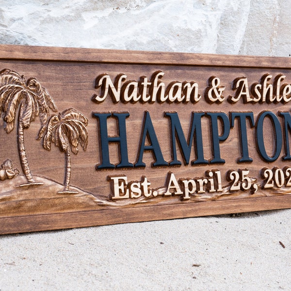 Custom Last Name Sign with Palm Trees | Beach House Decor | Cottage Decor | Family Name Sign | Personalized Wedding Gift | Anniversary Gift