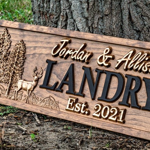 Outdoor Decor Custom Wood Sign Deer Hunting Gifts Cabin Decor Tree Wood Decor 3D Family Name Sign Last Name Decor Camper Decor image 1