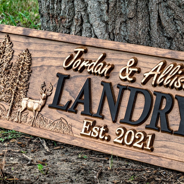 Outdoor Decor | Custom Wood Sign | Deer Hunting Gifts | Cabin Decor | Tree Wood Decor | 3D Family Name Sign | Last Name Decor | Camper Decor