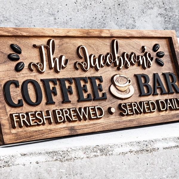 Personalized Coffee Bar Sign for Kitchen | Carved Wood Sign | Custom Coffee Decor | Coffee Lover Gift | Wooden Cafe Sign | Custom Cafe Sign