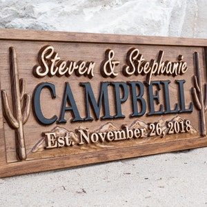 Custom Cactus Wood Name Sign | Desert Home Established Family Sign | Carved Wood Last Name Sign, Personalized Wedding Gift, Anniversary Gift