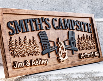 Plaque de feu de camp en bois personnalisée | Nom de famille du camping | Nom de famille | Cadeaux de camping personnalisés | Enseigne pour feu de camp, décoration de cabine, décoration de camping-car