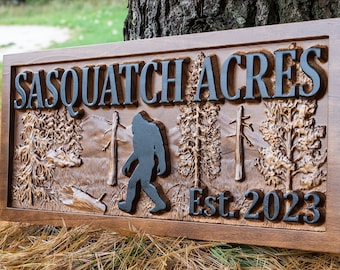 Personalized Sasquatch Wood Sign, Custom Carved Cabin Gift Man Cave Family Last Name Established Lake House Décor Bigfoot Yeti Mountain Sign