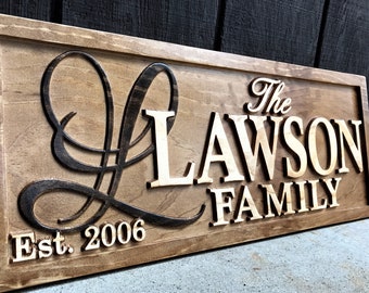 May include: A wooden sign with the text "The Lawson Family Est. 2006" in raised letters. The "L" in Lawson is a large, stylized letter.