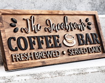 Personalized Coffee Bar Sign for Kitchen | Carved Wood Sign | Custom Coffee Decor | Coffee Lover Gift | Wooden Cafe Sign | Custom Cafe Sign