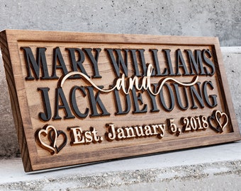 Personalized Couples Name Sign | Wedding Gift Wooden Established Sign | Custom Wood Sign | Blended Family Name Sign Established Couples Gift