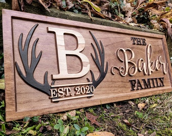 Deer Hunting Decor | Hunting Gifts for Men | Deer Antler Monogram | Personalized Cabin Sign Rustic Cabin Decor Lake House Décor Cottage Sign