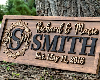 May include: A wooden sign with the text "Richard & Macie SMITH Est. May 11, 2016" in gold lettering. The sign also features a wreath with the initials "R & M" in gold.